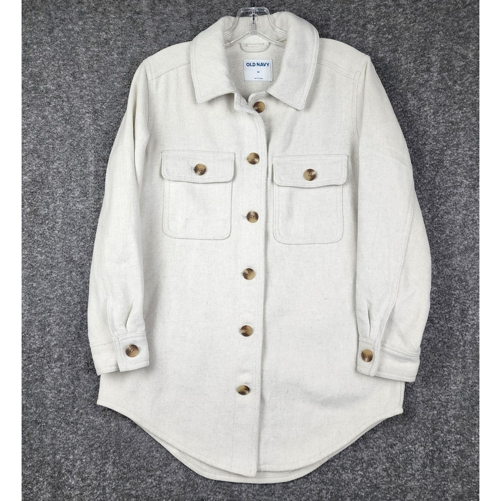 Old Navy Shacket Womens XS Cream Wool Blend Button Front Long Sleeve Jacket